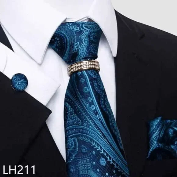 Teal, Black Paisley Men's Tie with Handkerchief, Cufflinks, & Diamond Tie Ring
